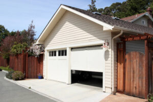 An open garage door in suburban house